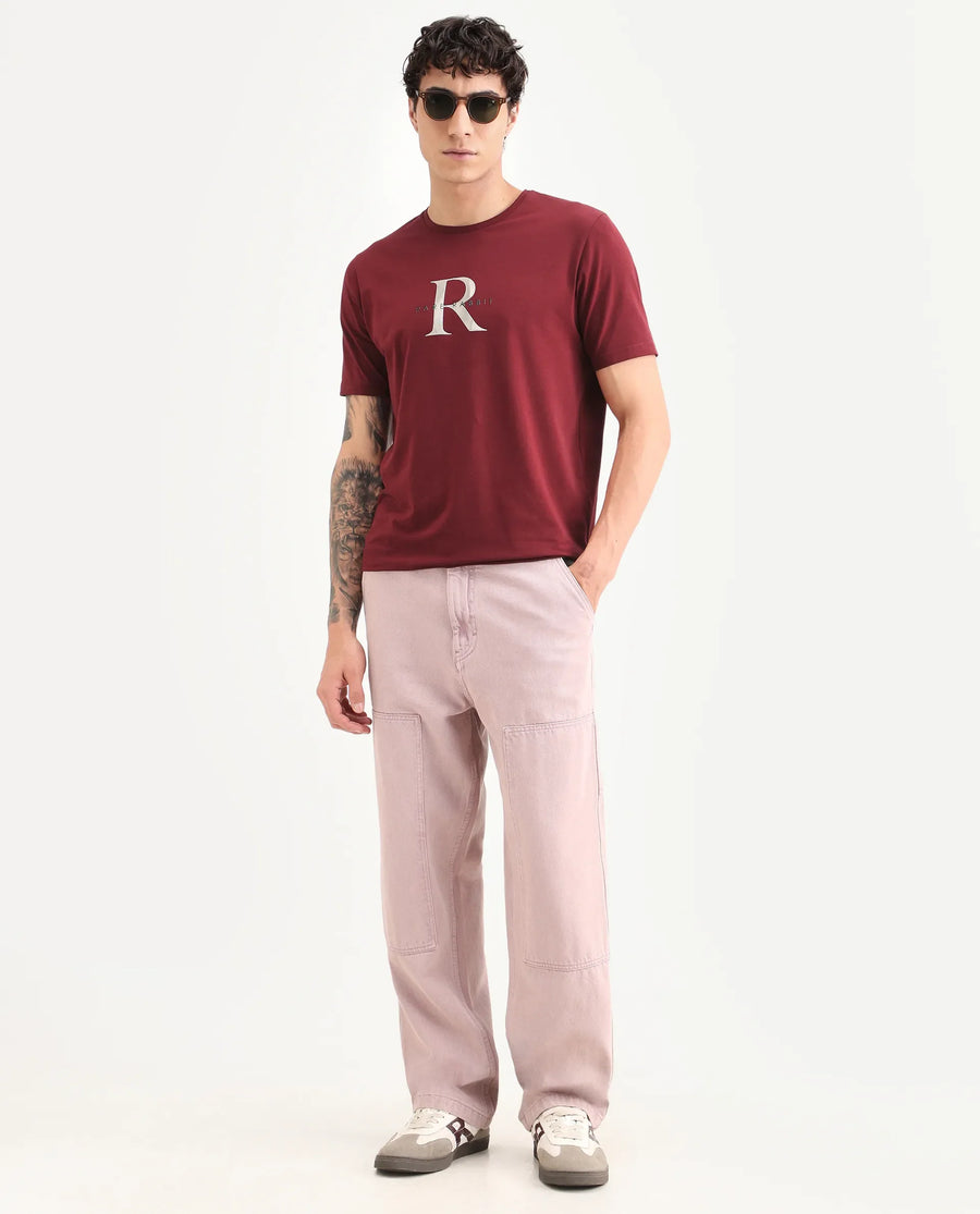 Rare Rabbit Men's Toka Dark Red Cotton Blend Fabric Half Sleeve Crew Neck Regular Fit Graphic Print T-Shirt
