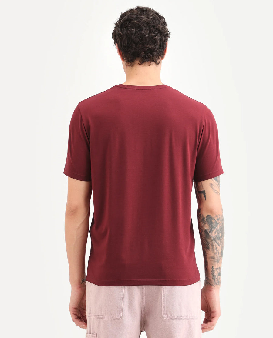 Rare Rabbit Men's Toka Dark Red Cotton Blend Fabric Half Sleeve Crew Neck Regular Fit Graphic Print T-Shirt
