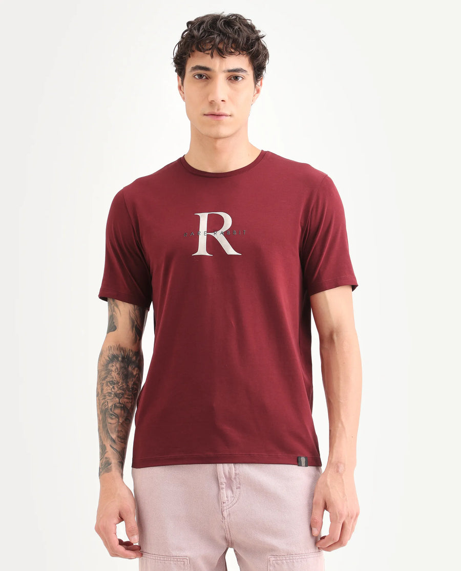 Rare Rabbit Men's Toka Dark Red Cotton Blend Fabric Half Sleeve Crew Neck Regular Fit Graphic Print T-Shirt