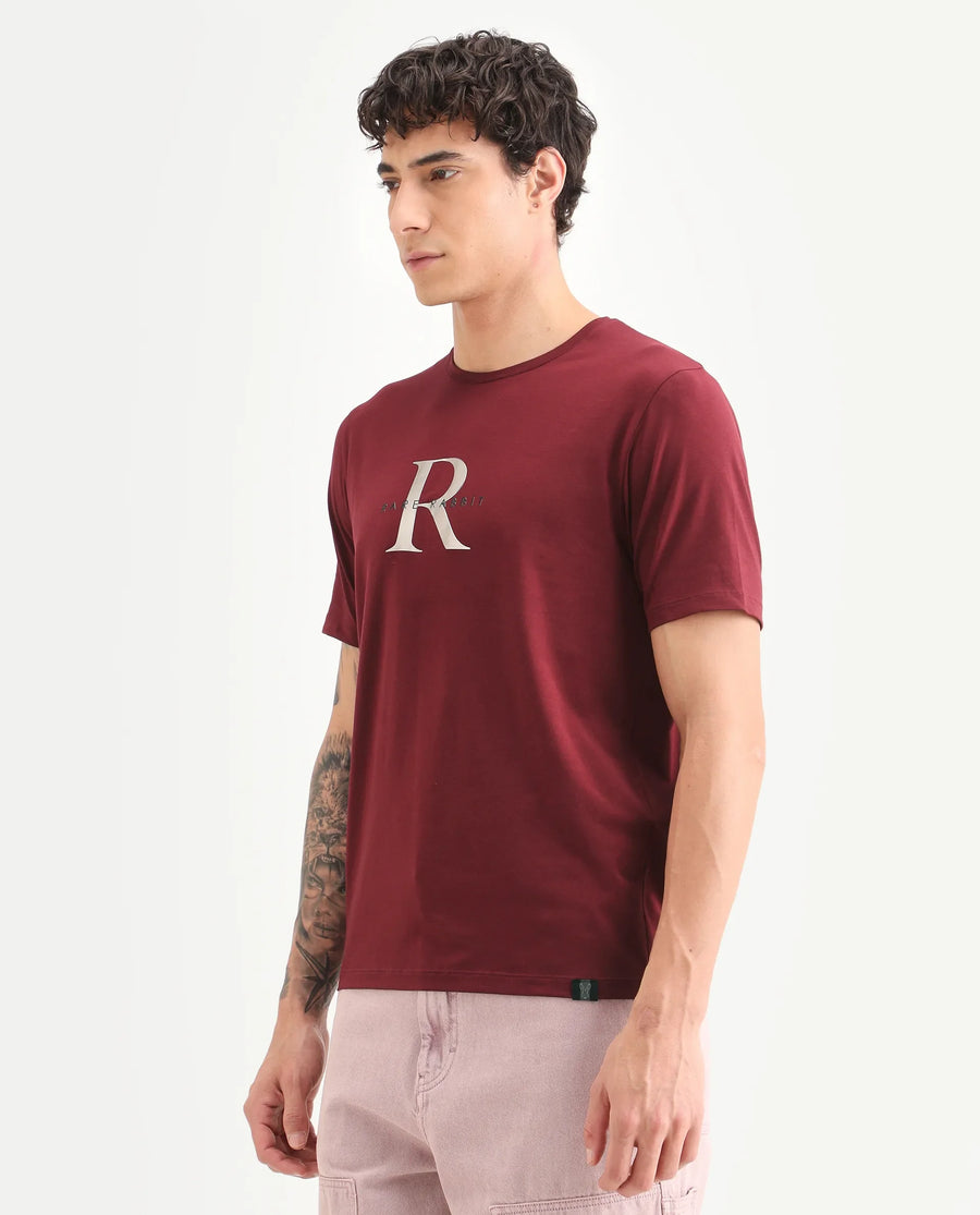 Rare Rabbit Men's Toka Dark Red Cotton Blend Fabric Half Sleeve Crew Neck Regular Fit Graphic Print T-Shirt