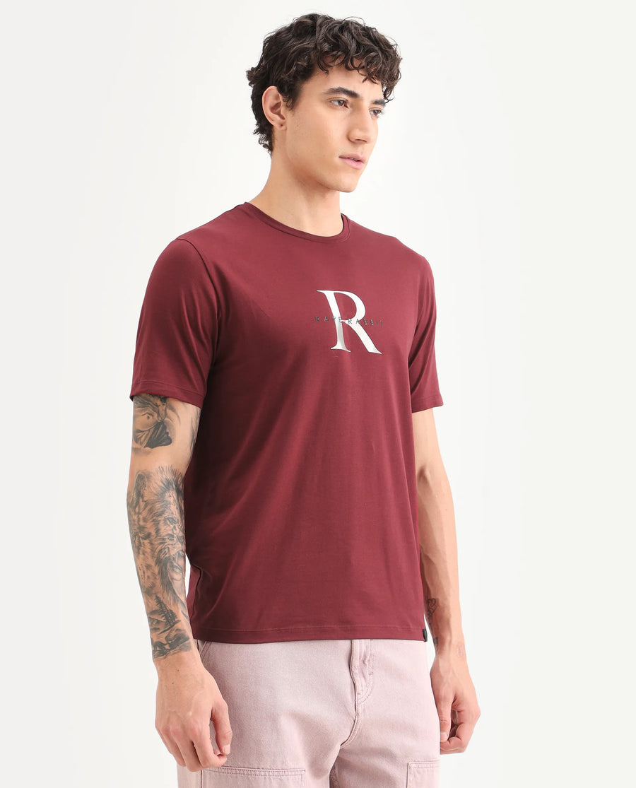 Rare Rabbit Men's Toka Dark Red Cotton Blend Fabric Half Sleeve Crew Neck Regular Fit Graphic Print T-Shirt