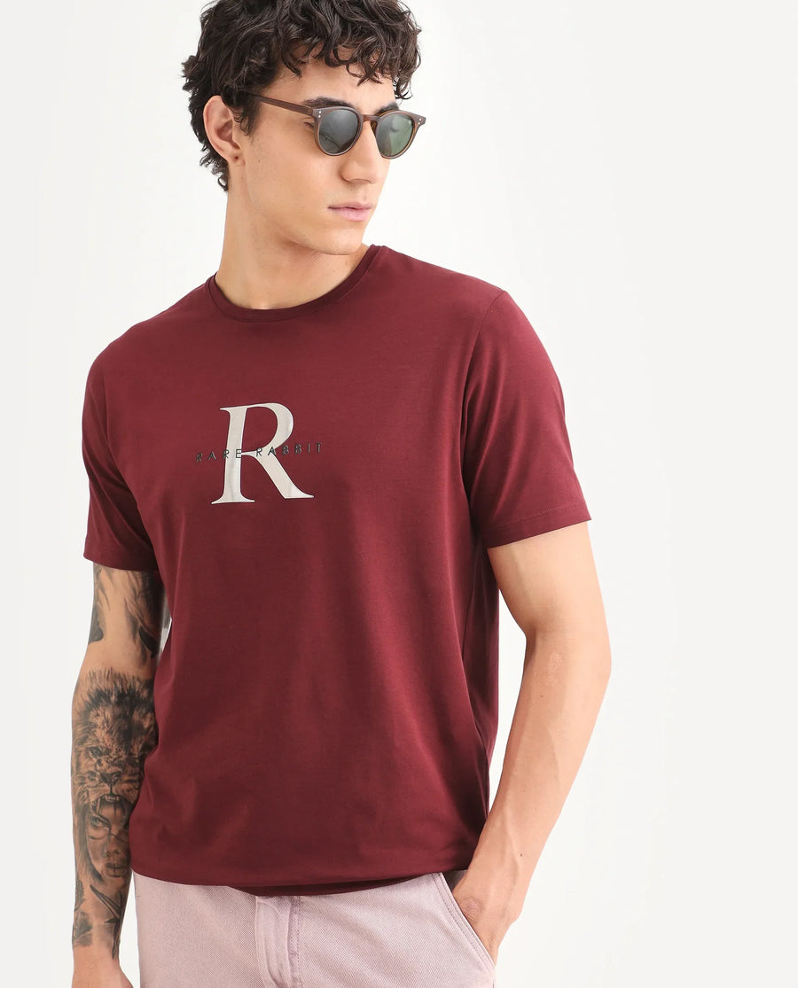 Rare Rabbit Men's Toka Dark Red Cotton Blend Fabric Half Sleeve Crew Neck Regular Fit Graphic Print T-Shirt