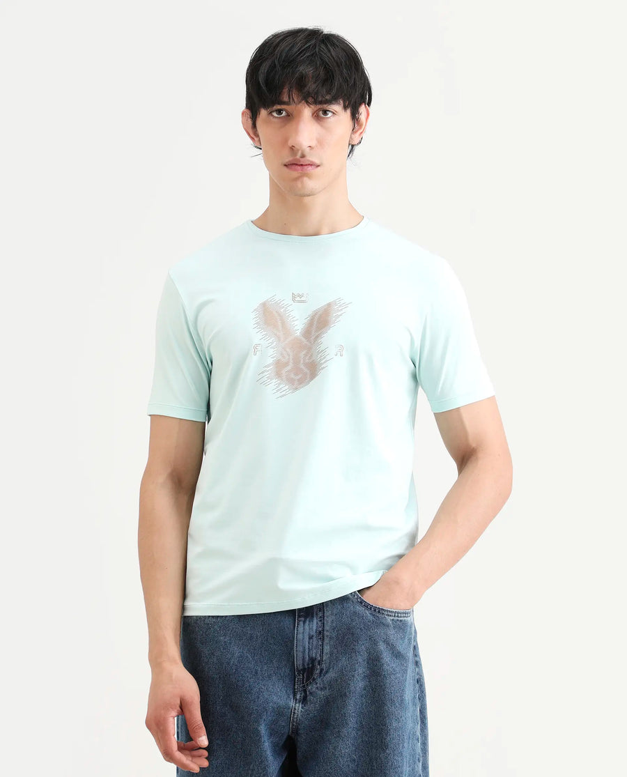 Rare Rabbit Men's Tregor Pastel Green Cotton Blend Fabric Half Sleeve Crew Neck Regular Fit HD Print T-Shirt
