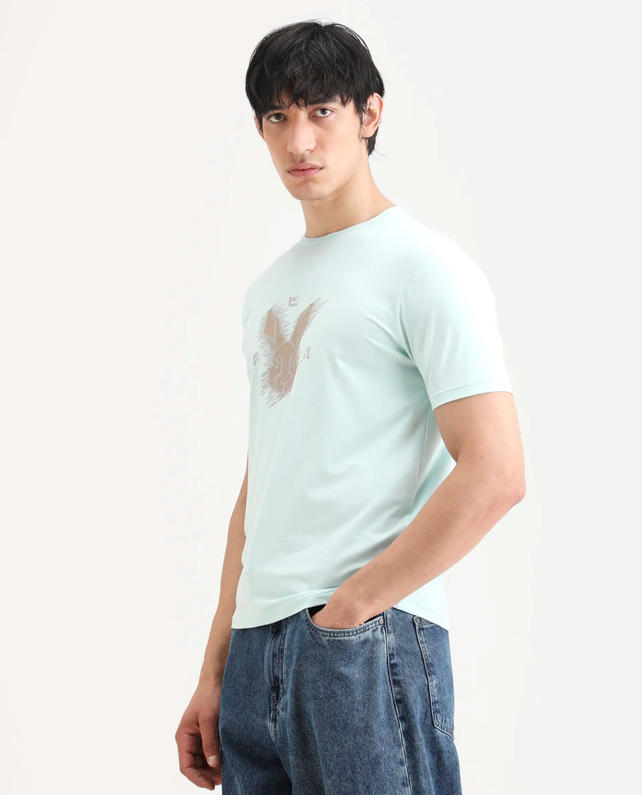 Rare Rabbit Men's Tregor Pastel Green Cotton Blend Fabric Half Sleeve Crew Neck Regular Fit HD Print T-Shirt