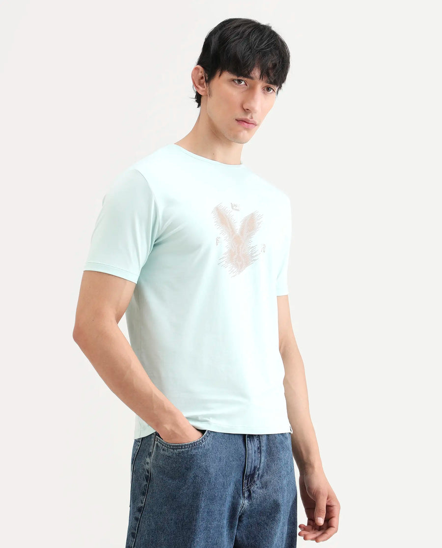 Rare Rabbit Men's Tregor Pastel Green Cotton Blend Fabric Half Sleeve Crew Neck Regular Fit HD Print T-Shirt
