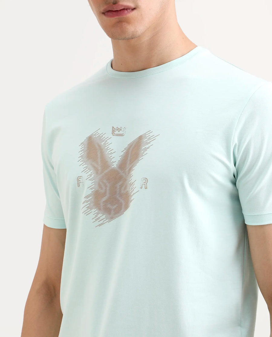 Rare Rabbit Men's Tregor Pastel Green Cotton Blend Fabric Half Sleeve Crew Neck Regular Fit HD Print T-Shirt