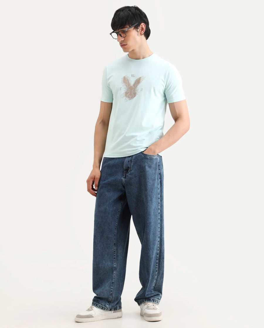 Rare Rabbit Men's Tregor Pastel Green Cotton Blend Fabric Half Sleeve Crew Neck Regular Fit HD Print T-Shirt