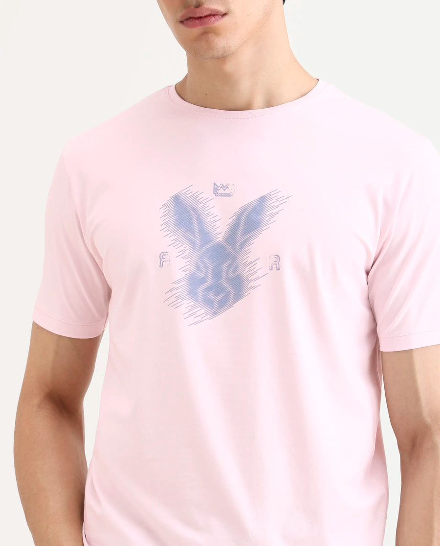 Rare Rabbit Men's Tregor Pastel Pink Cotton Blend Fabric Half Sleeve Crew Neck Regular Fit HD Print T-Shirt