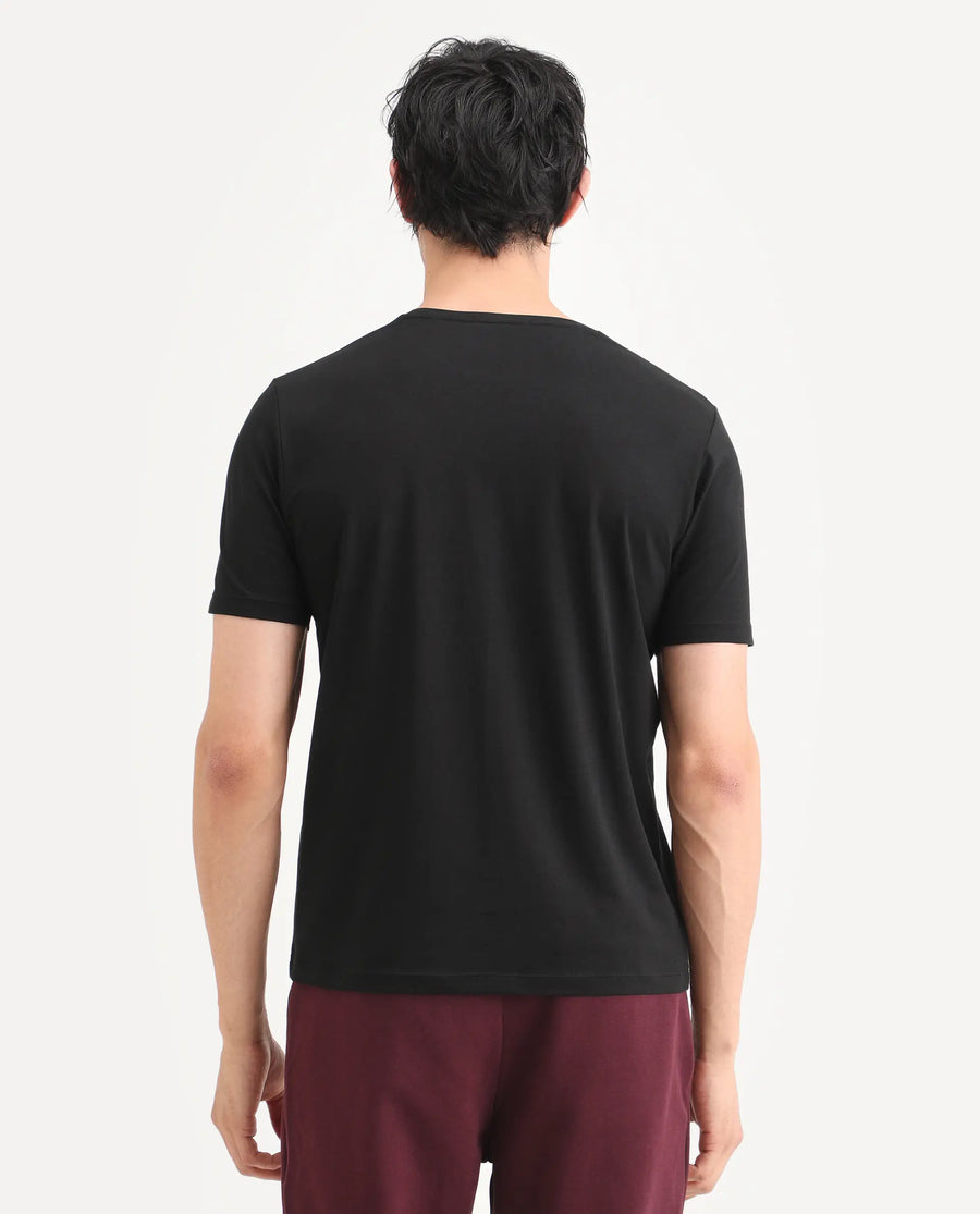 Rare Rabbit Men's Tregor Black Cotton Blend Fabric Half Sleeve Crew Neck Regular Fit HD Print T-Shirt