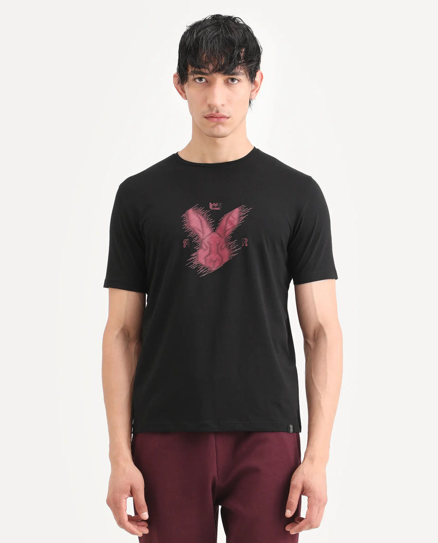 Rare Rabbit Men's Tregor Black Cotton Blend Fabric Half Sleeve Crew Neck Regular Fit HD Print T-Shirt
