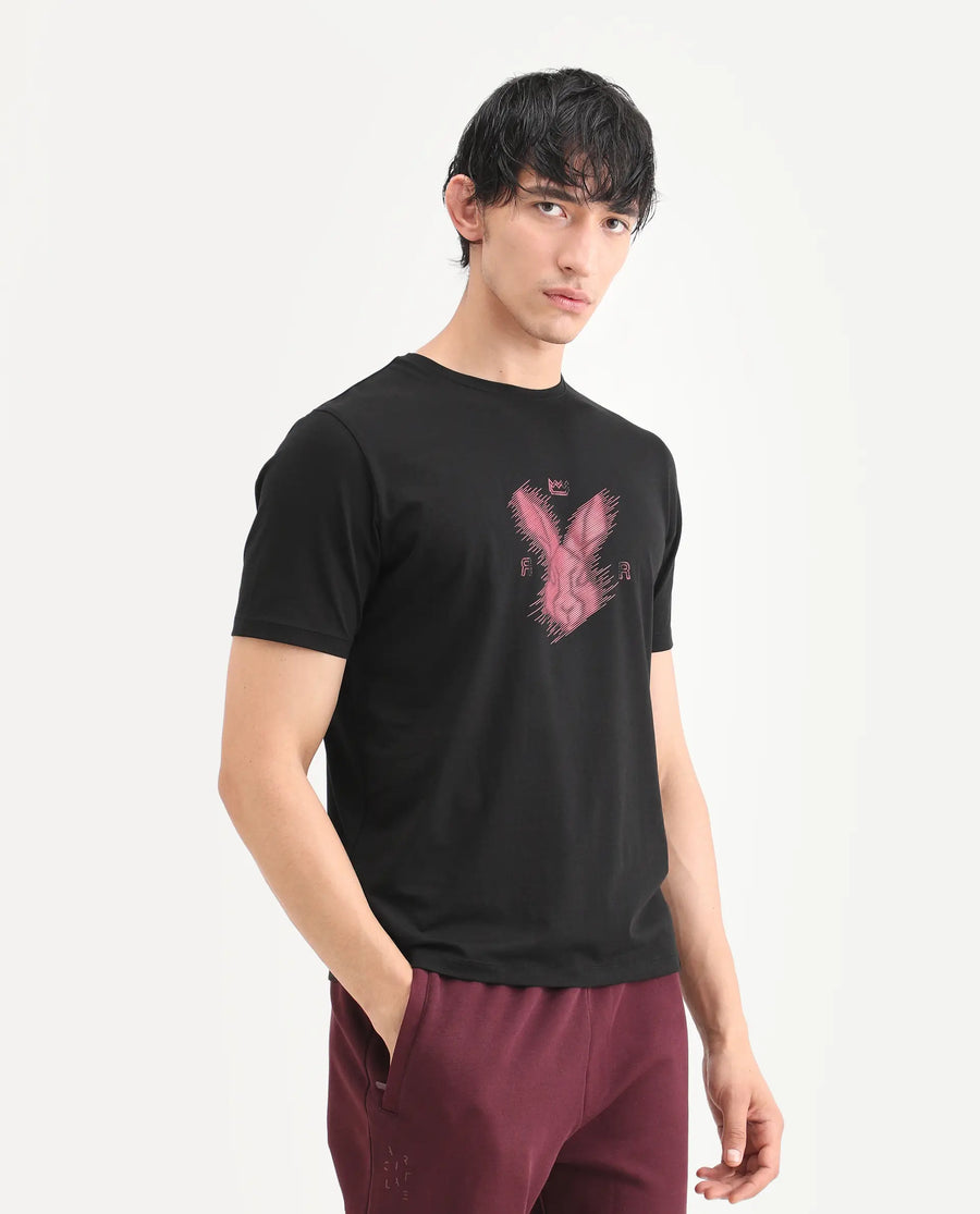 Rare Rabbit Men's Tregor Black Cotton Blend Fabric Half Sleeve Crew Neck Regular Fit HD Print T-Shirt