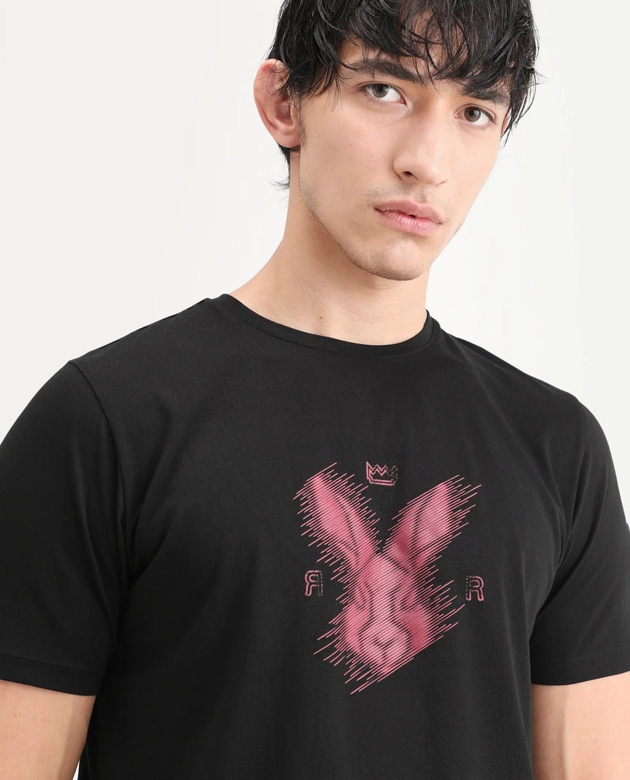 Rare Rabbit Men's Tregor Black Cotton Blend Fabric Half Sleeve Crew Neck Regular Fit HD Print T-Shirt