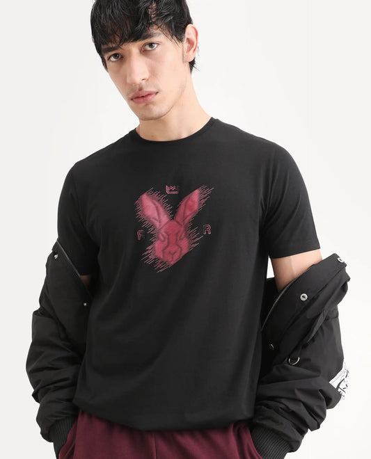Rare Rabbit Men's Tregor Black Cotton Blend Fabric Half Sleeve Crew Neck Regular Fit HD Print T-Shirt