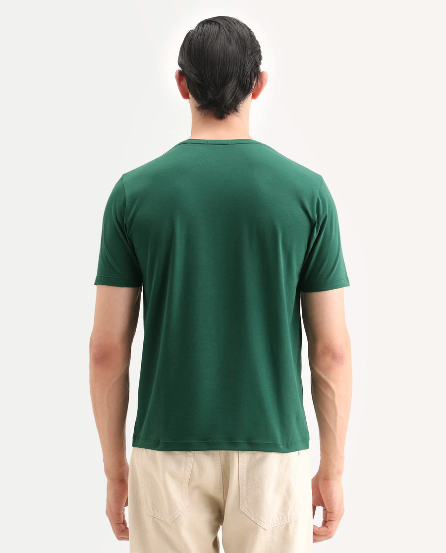 Rare Rabbit Men's Trel Dark Green Cotton Blend Fabric Half Sleeve Crew Neck Regular Fit Graphic Print T-Shirt