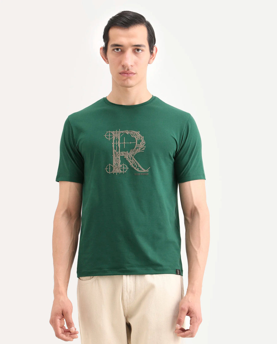 Rare Rabbit Men's Trel Dark Green Cotton Blend Fabric Half Sleeve Crew Neck Regular Fit Graphic Print T-Shirt