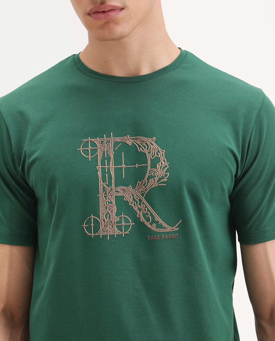 Rare Rabbit Men's Trel Dark Green Cotton Blend Fabric Half Sleeve Crew Neck Regular Fit Graphic Print T-Shirt