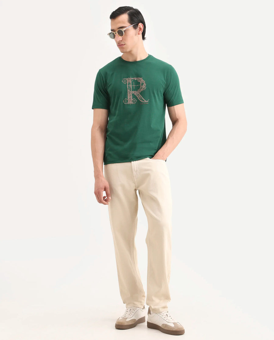 Rare Rabbit Men's Trel Dark Green Cotton Blend Fabric Half Sleeve Crew Neck Regular Fit Graphic Print T-Shirt