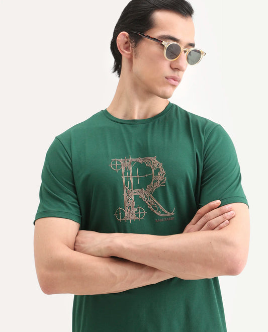Rare Rabbit Men's Trel Dark Green Cotton Blend Fabric Half Sleeve Crew Neck Regular Fit Graphic Print T-Shirt