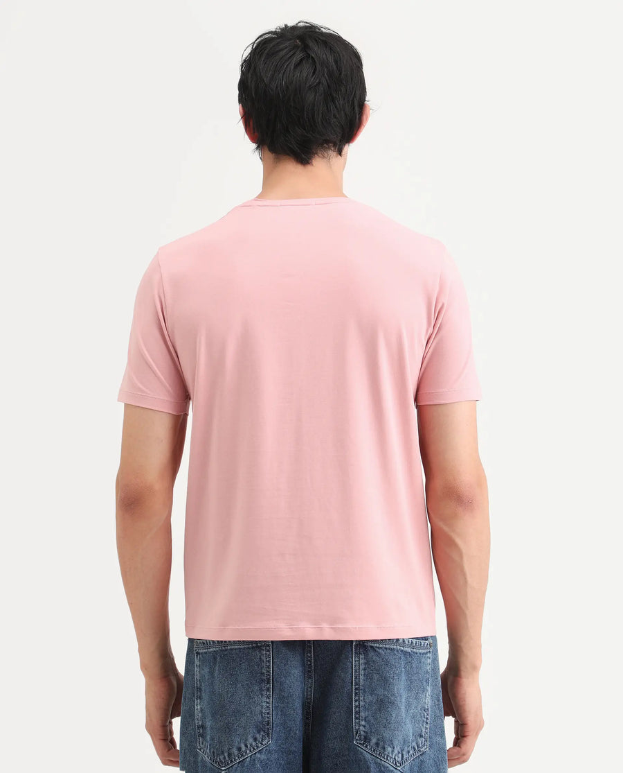 Rare Rabbit Men's Trov Pastel Peach Cotton Blend Fabric Half Sleeve Crew Neck Regular Fit Graphic Print T-Shirt