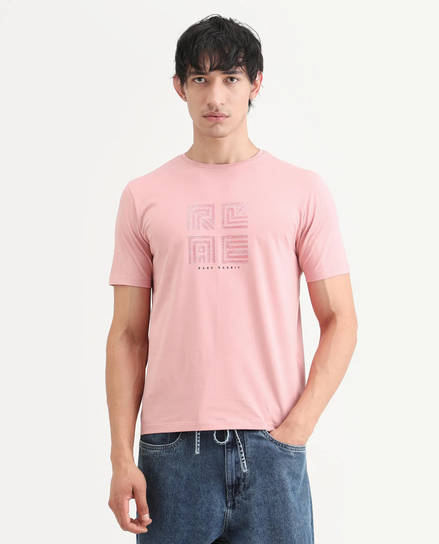 Rare Rabbit Men's Trov Pastel Peach Cotton Blend Fabric Half Sleeve Crew Neck Regular Fit Graphic Print T-Shirt