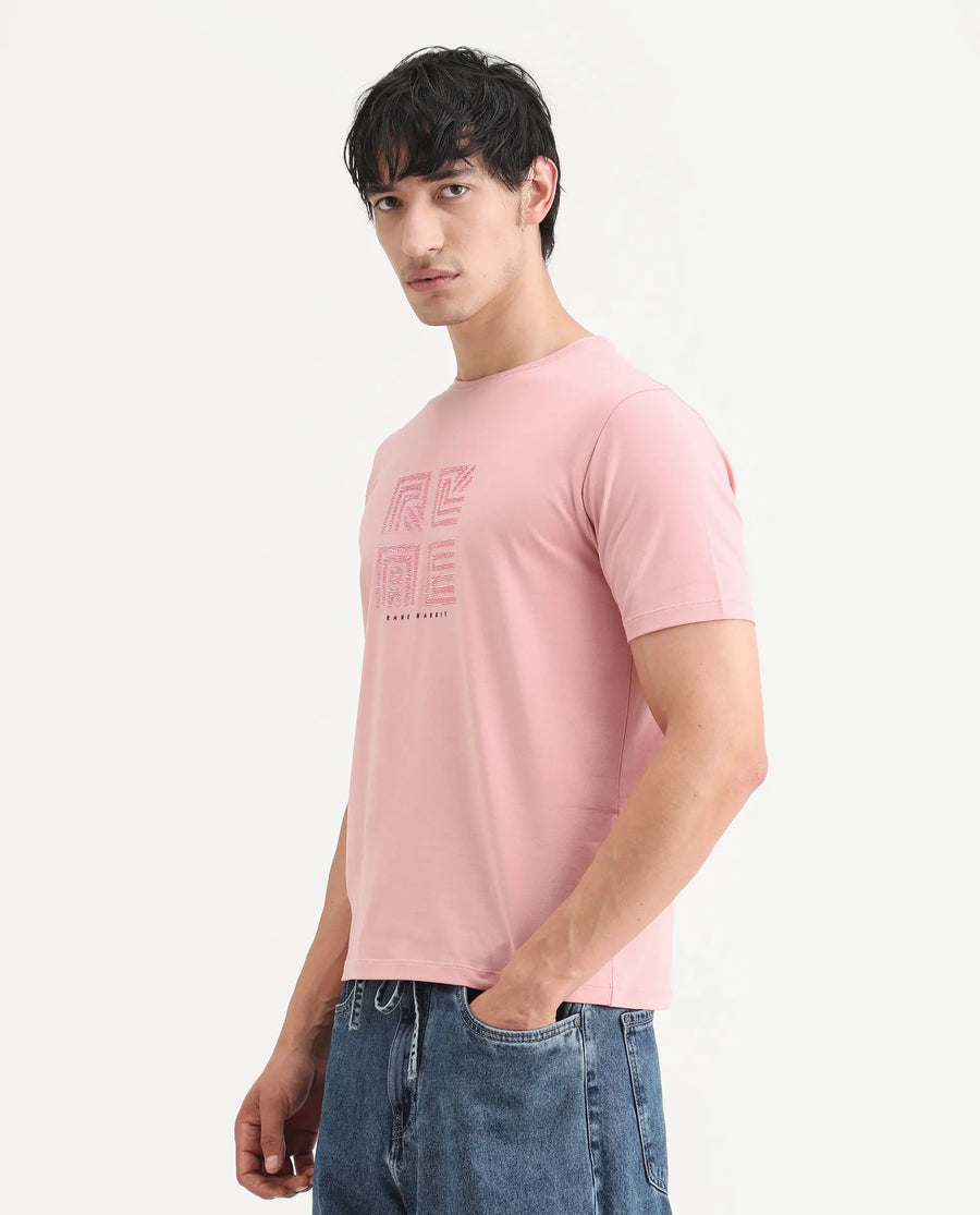 Rare Rabbit Men's Trov Pastel Peach Cotton Blend Fabric Half Sleeve Crew Neck Regular Fit Graphic Print T-Shirt