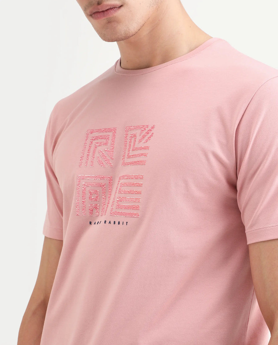 Rare Rabbit Men's Trov Pastel Peach Cotton Blend Fabric Half Sleeve Crew Neck Regular Fit Graphic Print T-Shirt