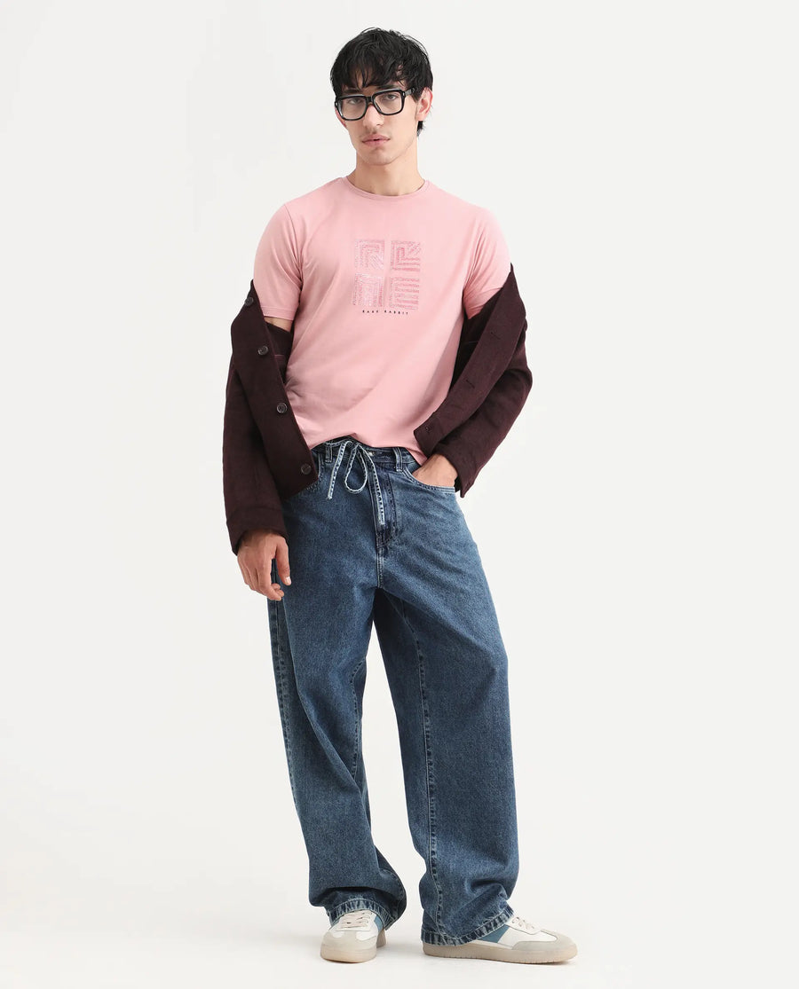 Rare Rabbit Men's Trov Pastel Peach Cotton Blend Fabric Half Sleeve Crew Neck Regular Fit Graphic Print T-Shirt