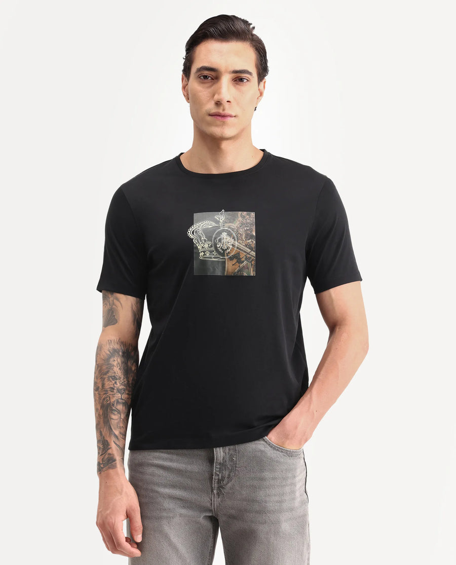 Rare Rabbit Men's Vavo Black Cotton Fabric Half Sleeve Crew Neck Regular Fit Graphic Print T-Shirt