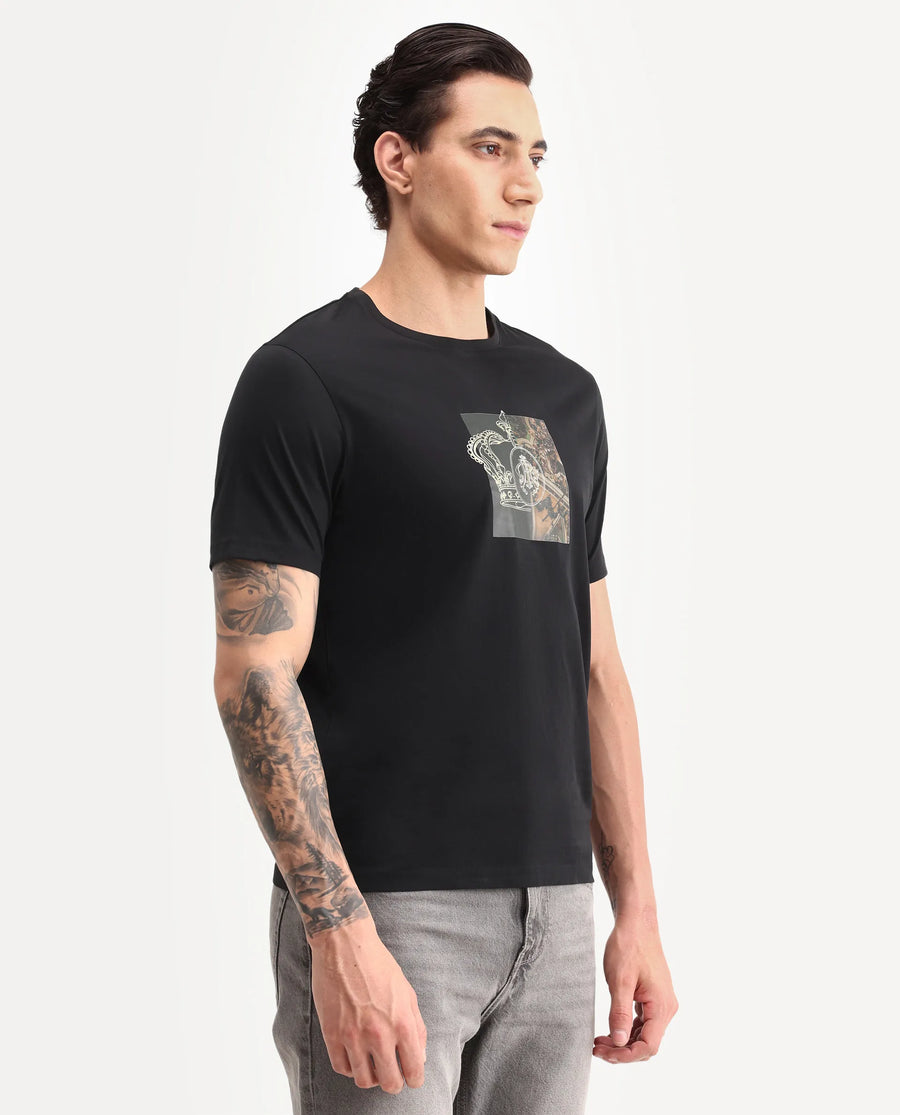 Rare Rabbit Men's Vavo Black Cotton Fabric Half Sleeve Crew Neck Regular Fit Graphic Print T-Shirt