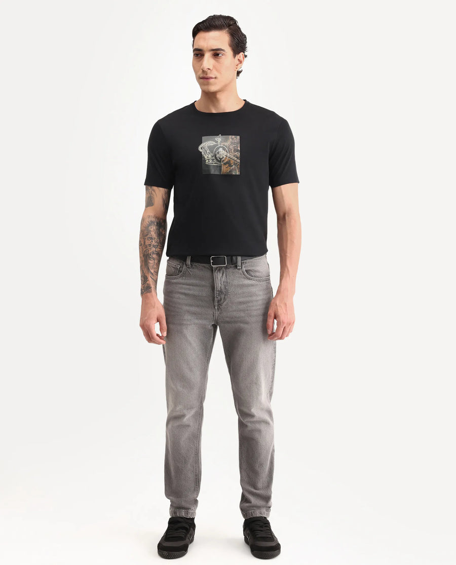 Rare Rabbit Men's Vavo Black Cotton Fabric Half Sleeve Crew Neck Regular Fit Graphic Print T-Shirt