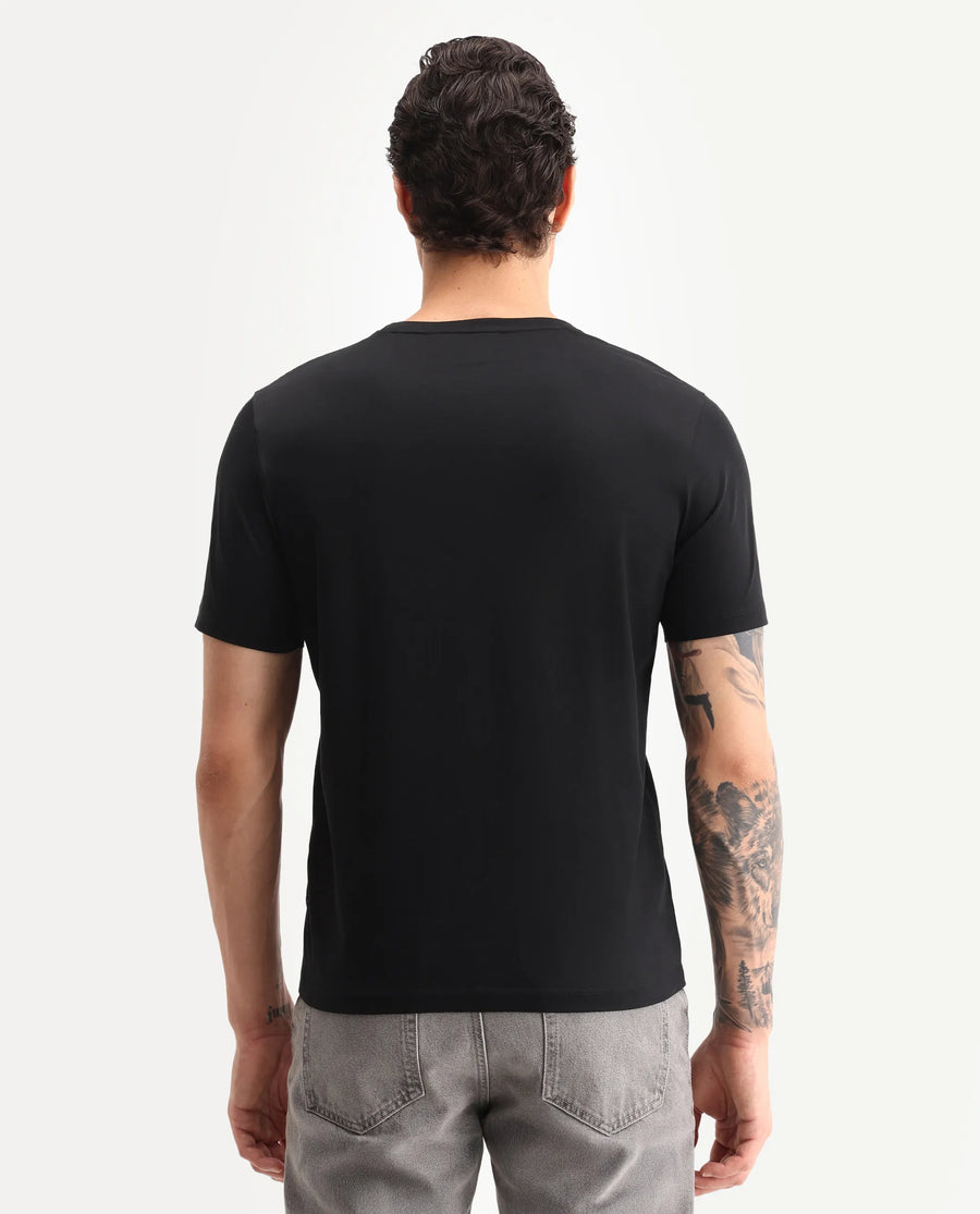Rare Rabbit Men's Vavo Black Cotton Fabric Half Sleeve Crew Neck Regular Fit Graphic Print T-Shirt