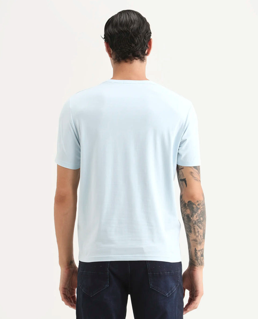 Rare Rabbit Men's Via Light Blue Cotton Blend Fabric Half Sleeve Crew Neck Regular Fit Graphic Print T-Shirt