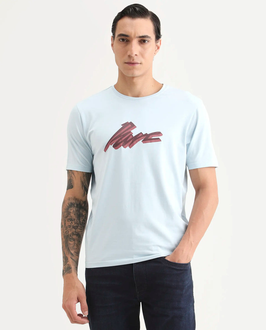 Rare Rabbit Men's Via Light Blue Cotton Blend Fabric Half Sleeve Crew Neck Regular Fit Graphic Print T-Shirt