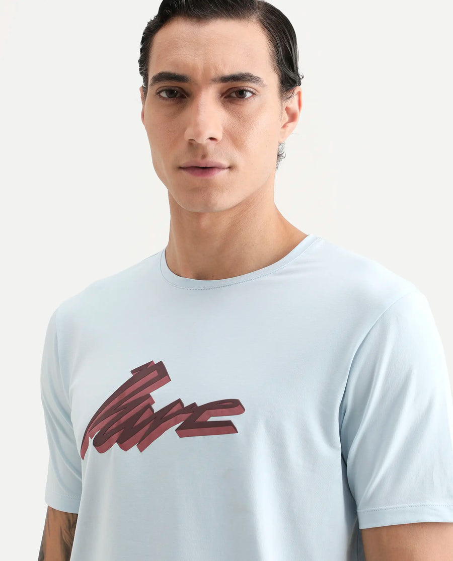 Rare Rabbit Men's Via Light Blue Cotton Blend Fabric Half Sleeve Crew Neck Regular Fit Graphic Print T-Shirt