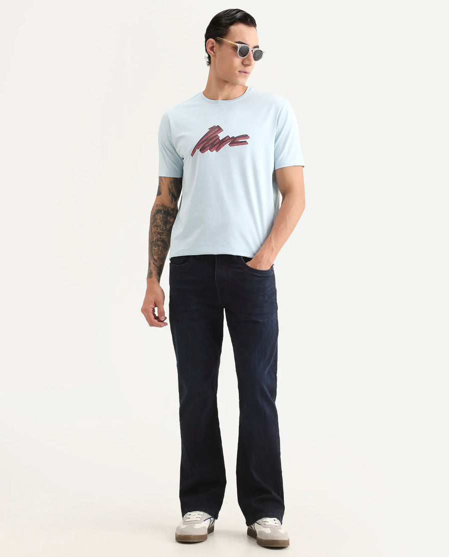 Rare Rabbit Men's Via Light Blue Cotton Blend Fabric Half Sleeve Crew Neck Regular Fit Graphic Print T-Shirt