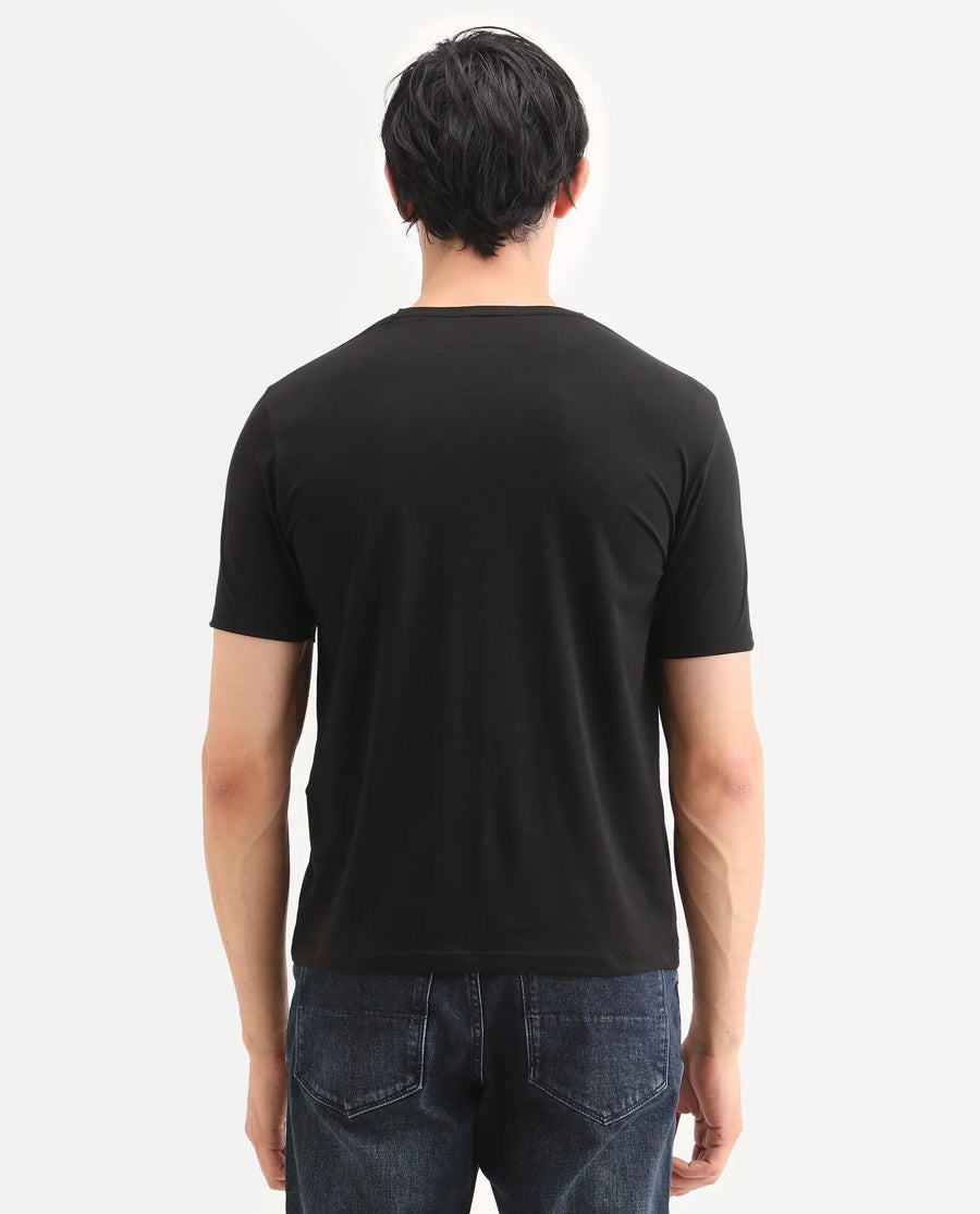 Rare Rabbit Men's Via Black Cotton Blend Fabric Half Sleeve Crew Neck Regular Fit Graphic Print T-Shirt
