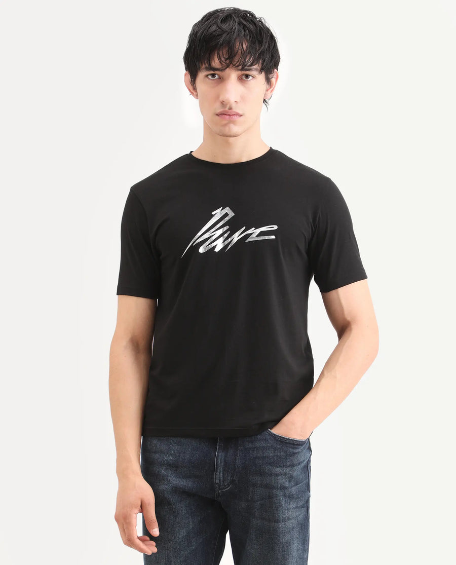 Rare Rabbit Men's Via Black Cotton Blend Fabric Half Sleeve Crew Neck Regular Fit Graphic Print T-Shirt