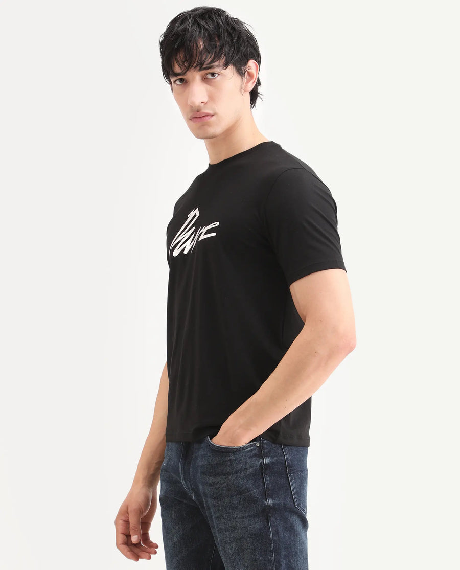 Rare Rabbit Men's Via Black Cotton Blend Fabric Half Sleeve Crew Neck Regular Fit Graphic Print T-Shirt