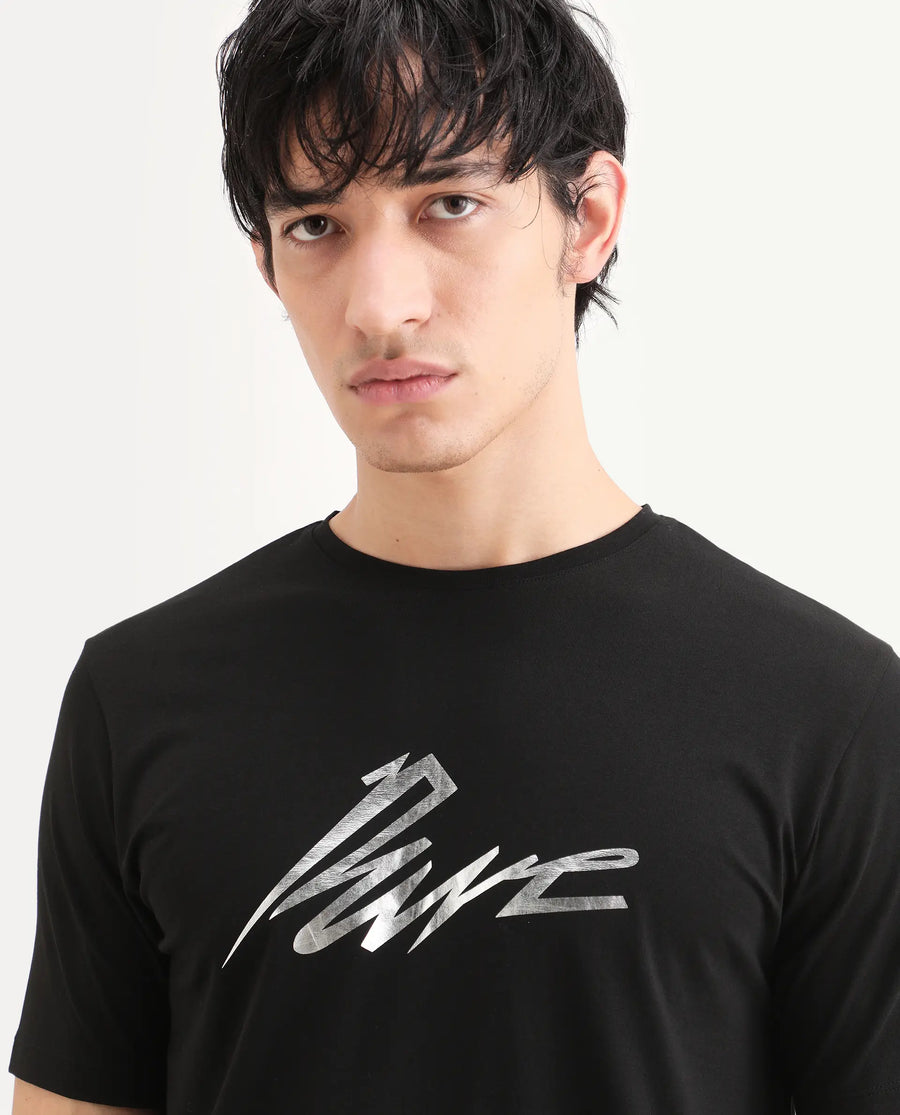 Rare Rabbit Men's Via Black Cotton Blend Fabric Half Sleeve Crew Neck Regular Fit Graphic Print T-Shirt