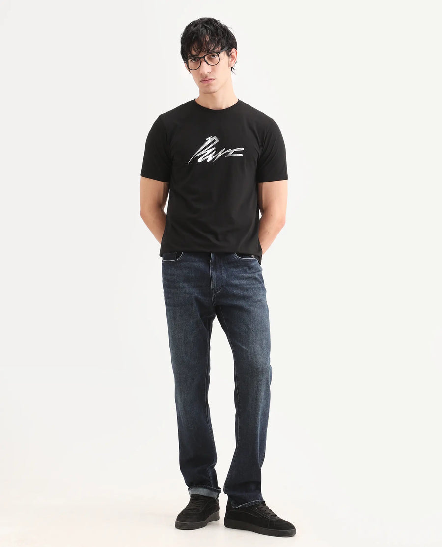 Rare Rabbit Men's Via Black Cotton Blend Fabric Half Sleeve Crew Neck Regular Fit Graphic Print T-Shirt