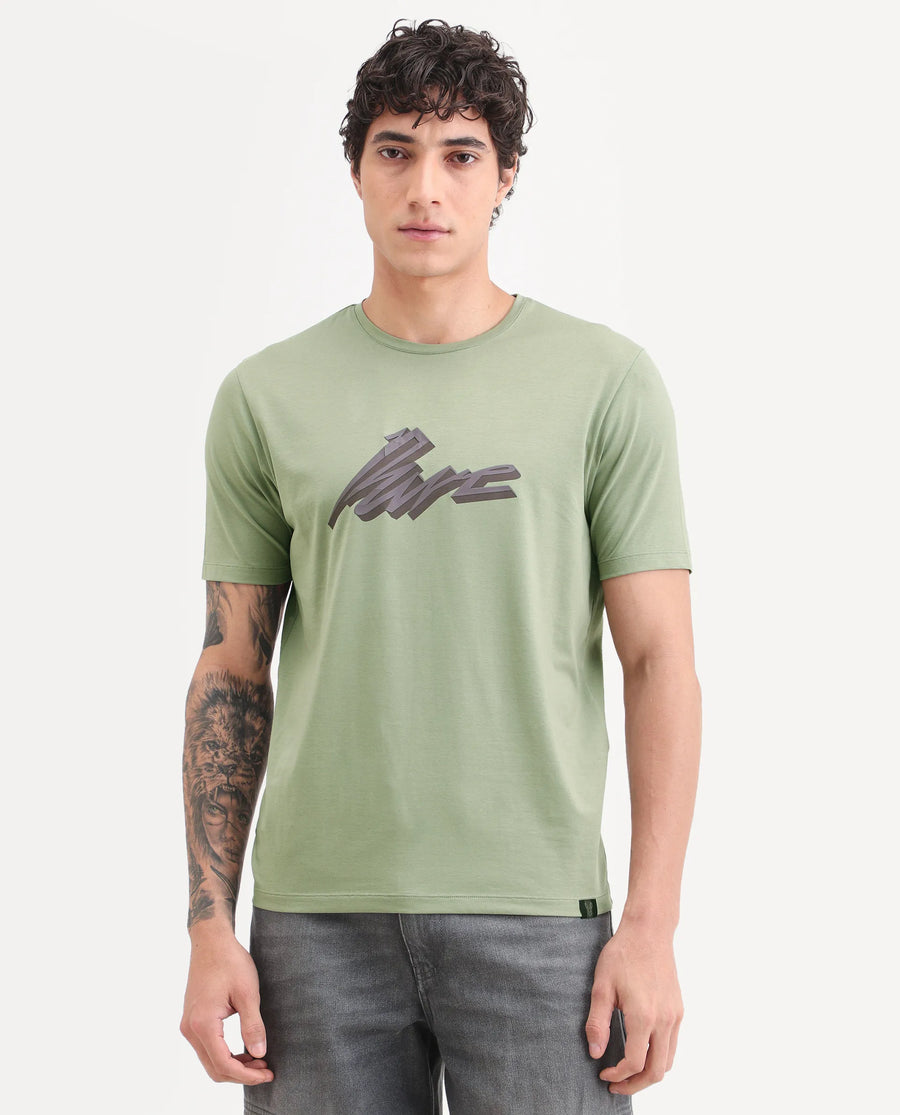 Rare Rabbit Men's Via Dusky Olive Cotton Blend Fabric Half Sleeve Crew Neck Regular Fit Graphic Print T-Shirt