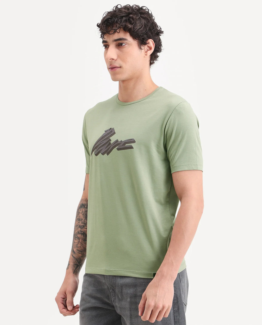 Rare Rabbit Men's Via Dusky Olive Cotton Blend Fabric Half Sleeve Crew Neck Regular Fit Graphic Print T-Shirt