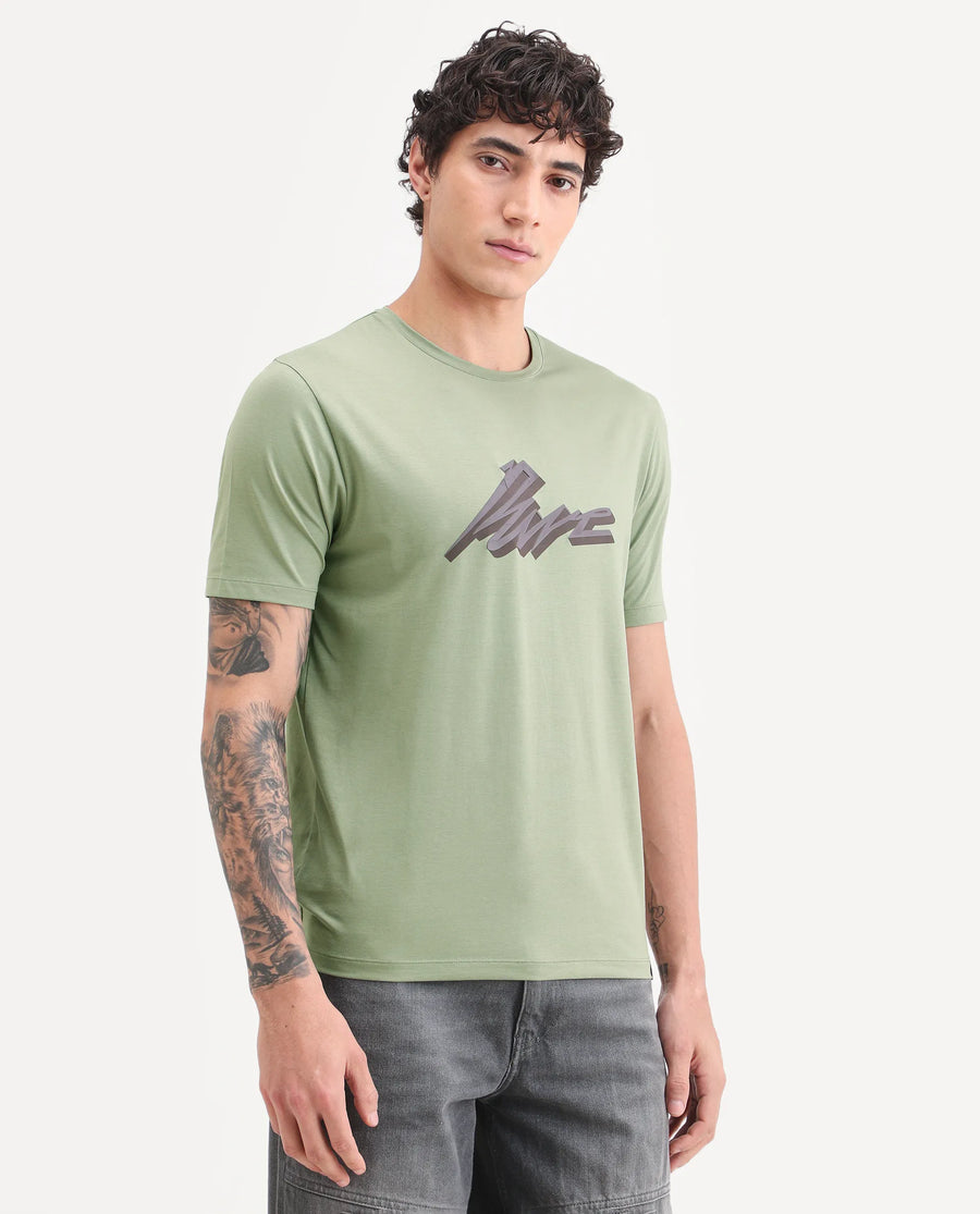 Rare Rabbit Men's Via Dusky Olive Cotton Blend Fabric Half Sleeve Crew Neck Regular Fit Graphic Print T-Shirt