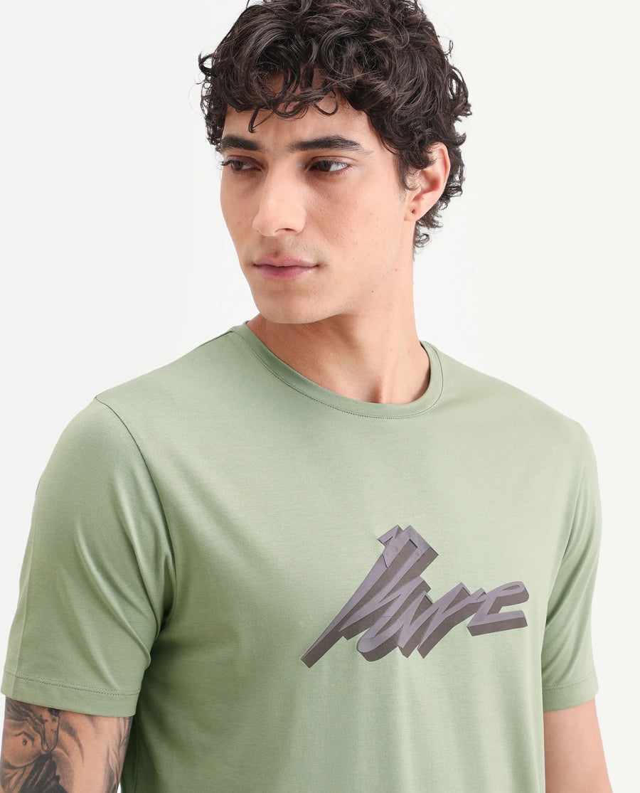 Rare Rabbit Men's Via Dusky Olive Cotton Blend Fabric Half Sleeve Crew Neck Regular Fit Graphic Print T-Shirt