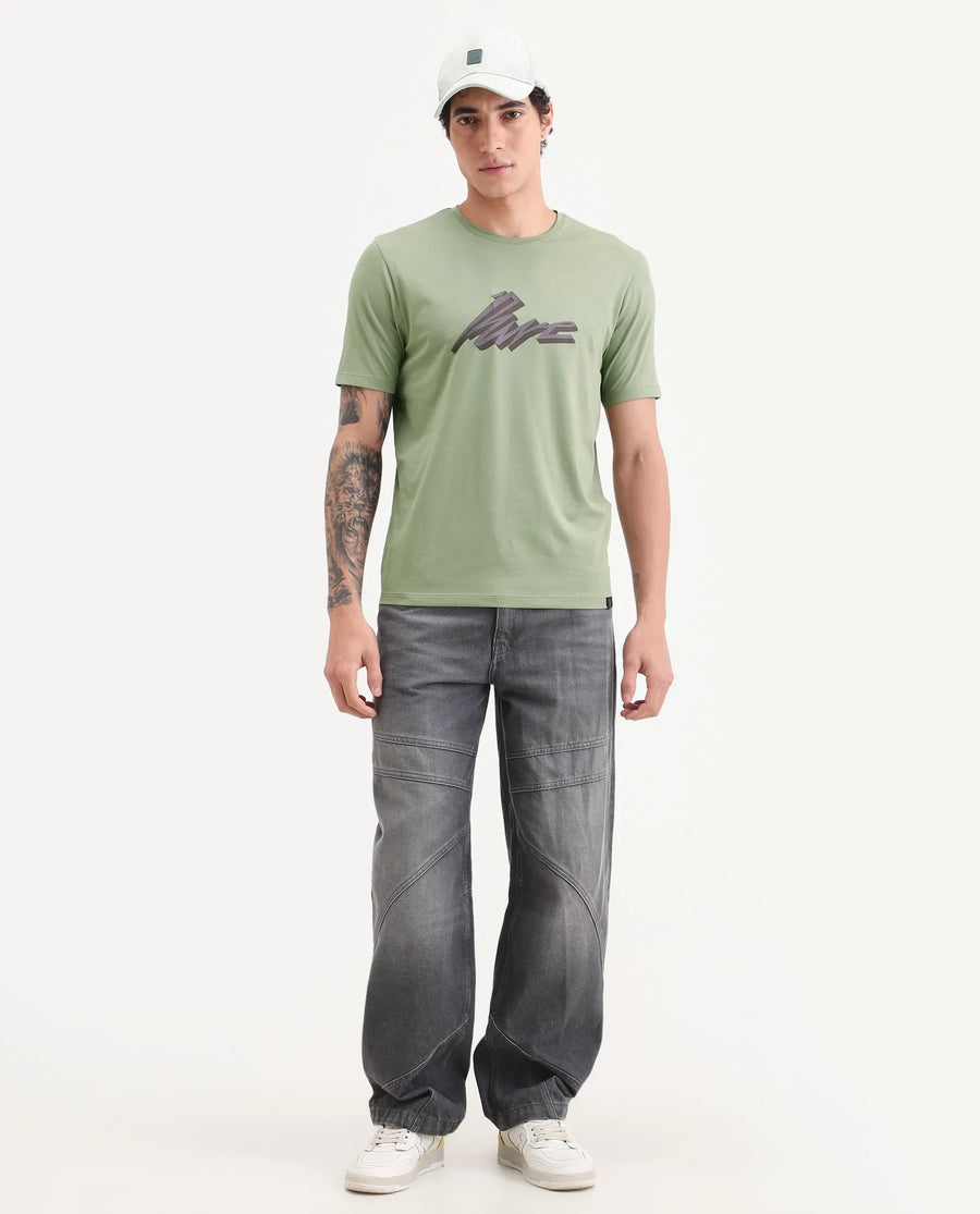 Rare Rabbit Men's Via Dusky Olive Cotton Blend Fabric Half Sleeve Crew Neck Regular Fit Graphic Print T-Shirt