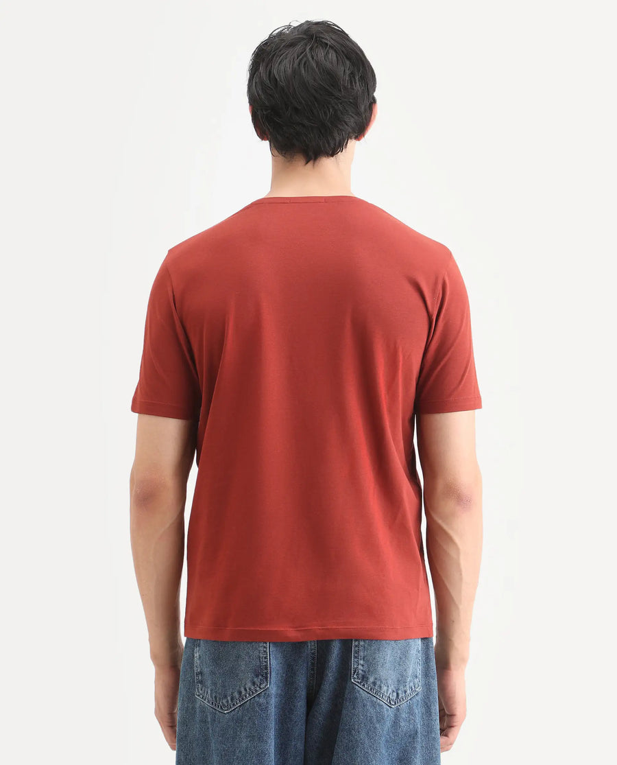 Rare Rabbit Men's Vin Rust Cotton Blend Fabric Half Sleeve Crew Neck Regular Fit T-Shirt