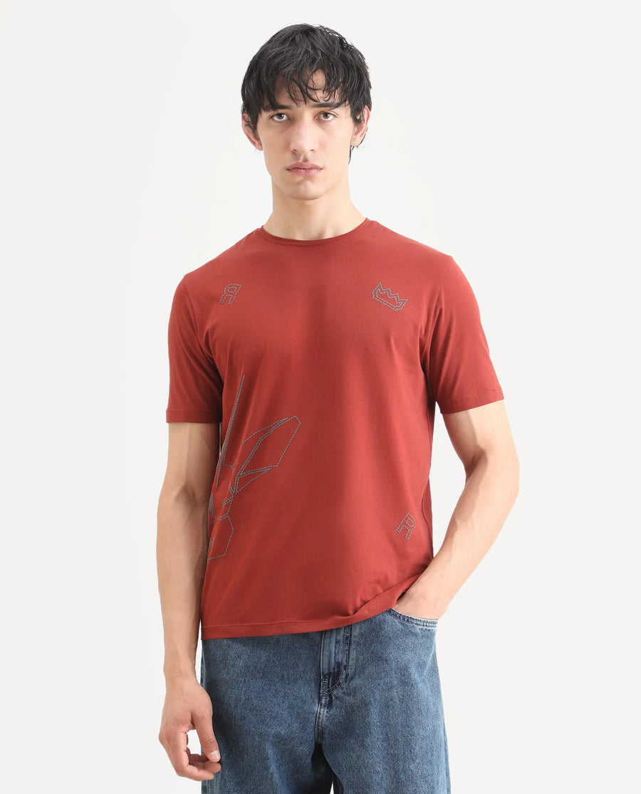 Rare Rabbit Men's Vin Rust Cotton Blend Fabric Half Sleeve Crew Neck Regular Fit T-Shirt