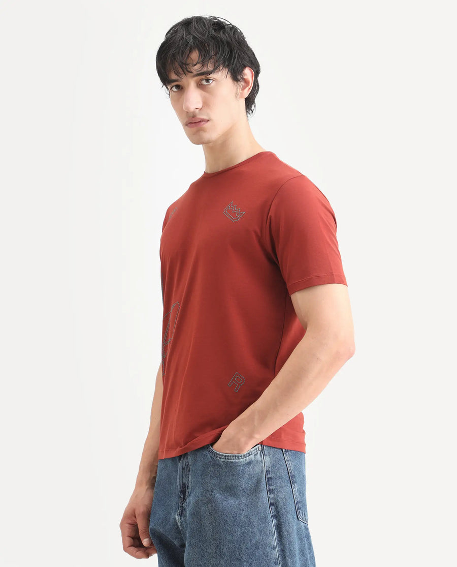 Rare Rabbit Men's Vin Rust Cotton Blend Fabric Half Sleeve Crew Neck Regular Fit T-Shirt