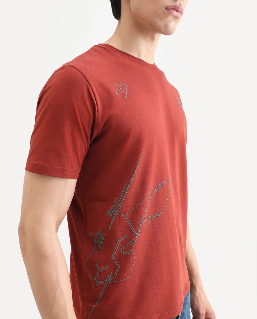 Rare Rabbit Men's Vin Rust Cotton Blend Fabric Half Sleeve Crew Neck Regular Fit T-Shirt
