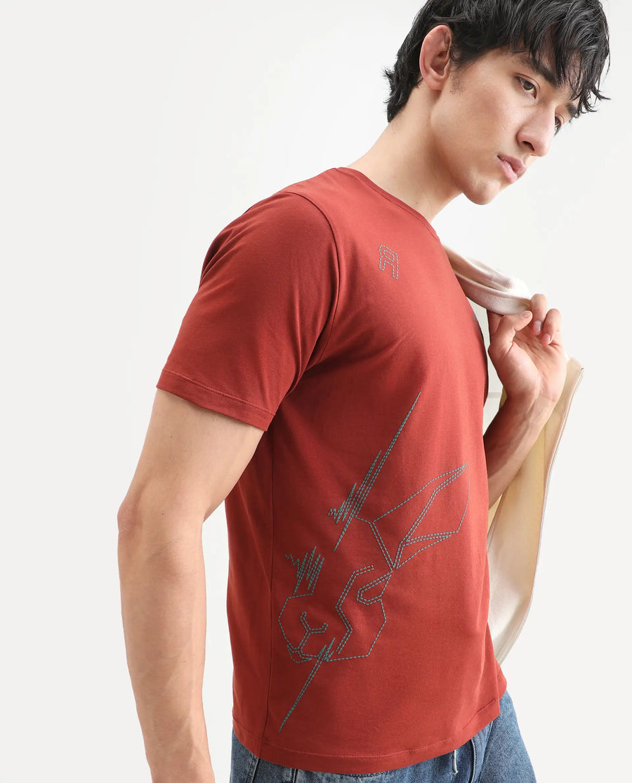 Rare Rabbit Men's Vin Rust Cotton Blend Fabric Half Sleeve Crew Neck Regular Fit T-Shirt
